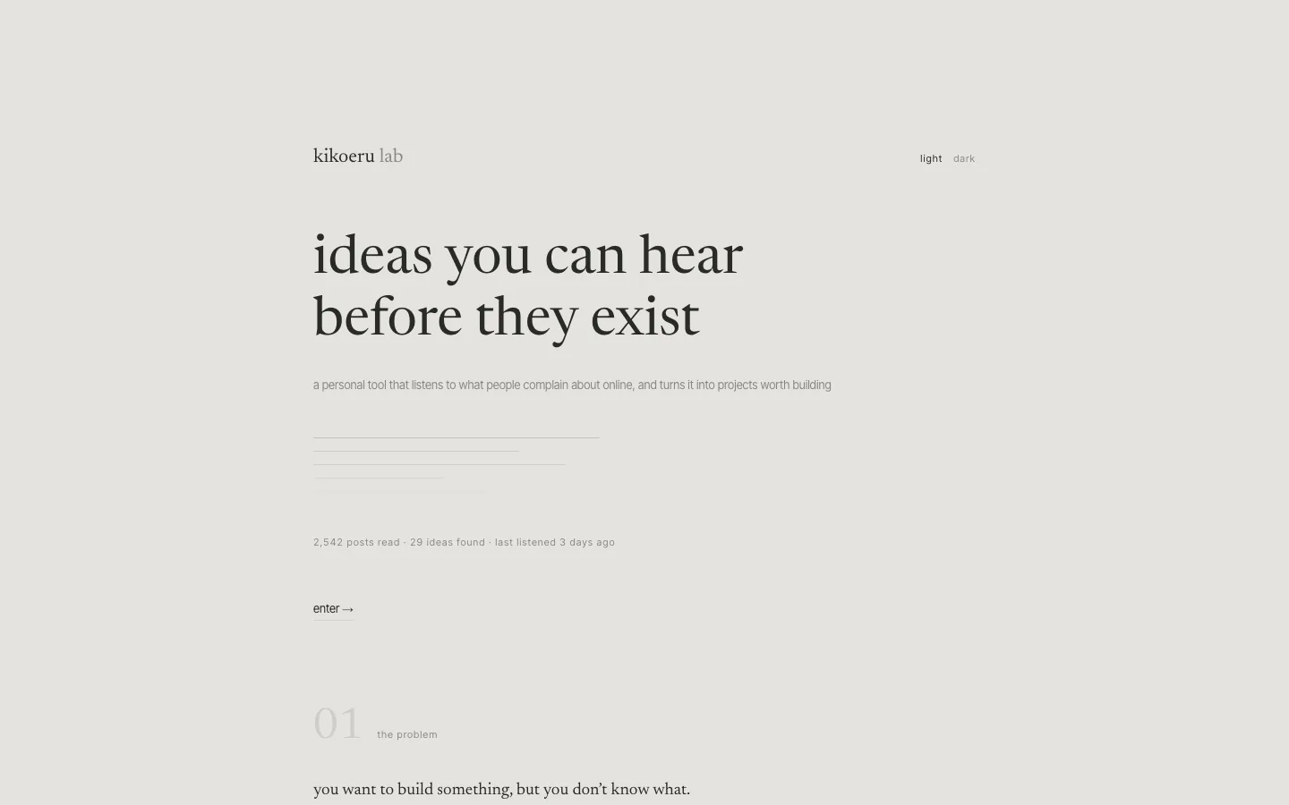 Kikoeru Lab landing page with the line: ideas you can hear before they exist