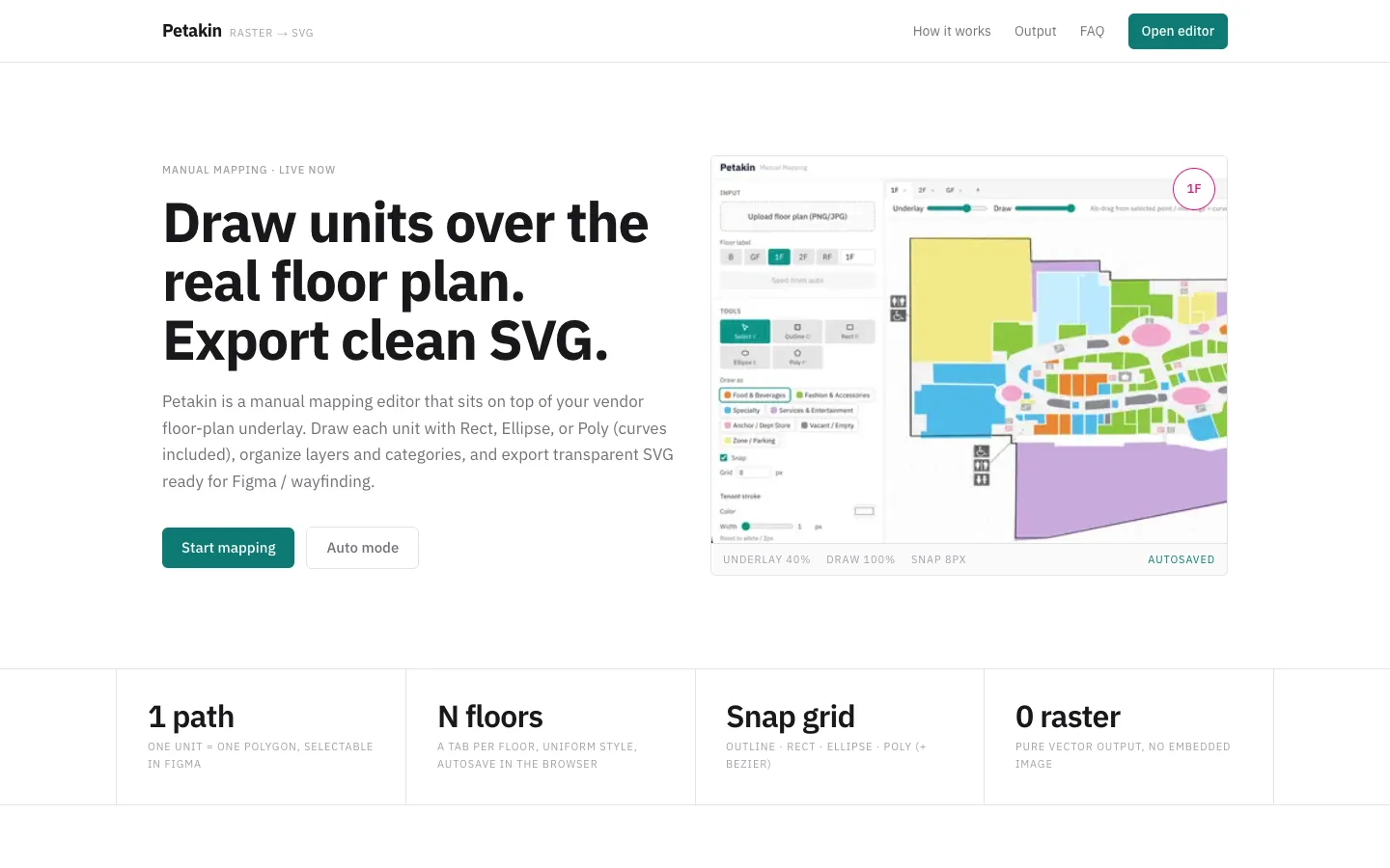 Petakin landing page showing a colour-coded mall floor plan inside the mapping editor